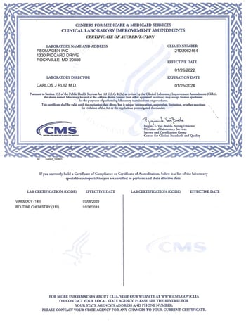 CAP/CLIA Certifications Psomagen